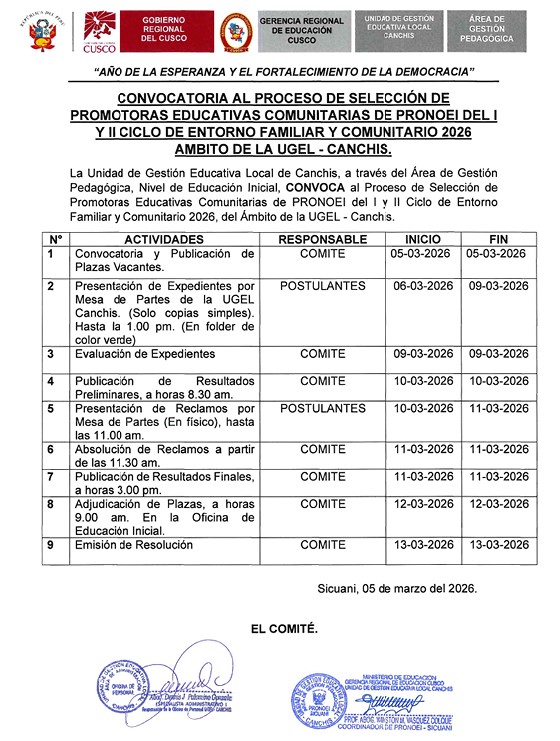 CONVOCATORIA AL PROCESO DE SELECCIÓN DE PROMOTORAS EDUCATIVAS COMUNITARIAS DE PRONOEI DEL I Y II CICLO DE ENTORNO FAMILIAR Y COMUNITARIO 2026 AMBITO DE LA UGEL - CANCHIS.